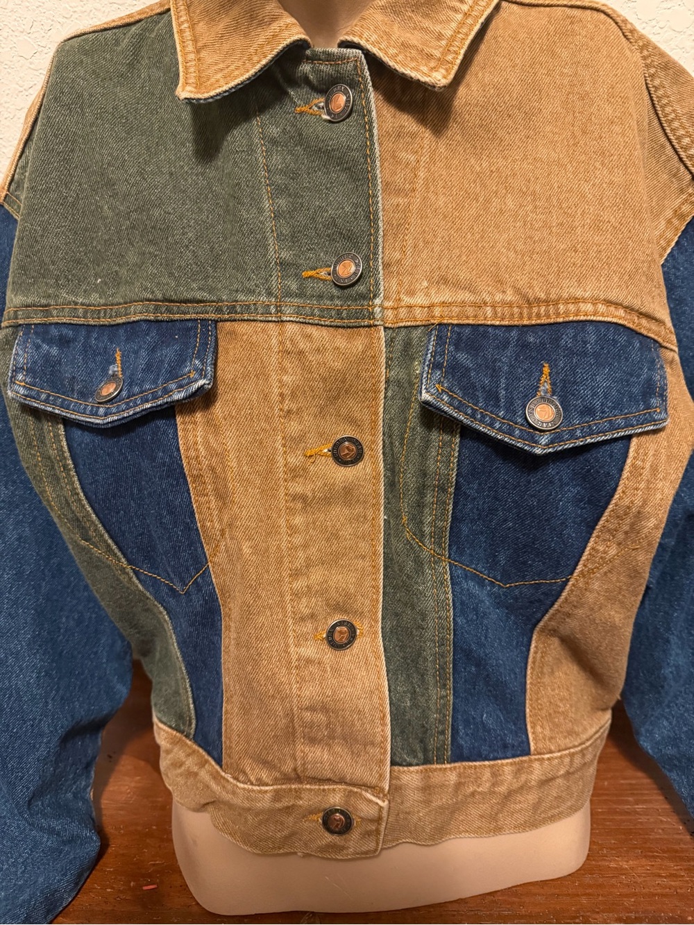 Vintage 1980’s Golden Star Colorblock Cropped Jean Jacket Brown, Olive & Indigo - Picture 2 of 11